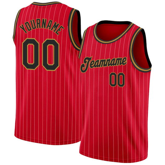 Custom Red White Pinstripe Black-Old Gold Authentic Basketball Jersey - Main View