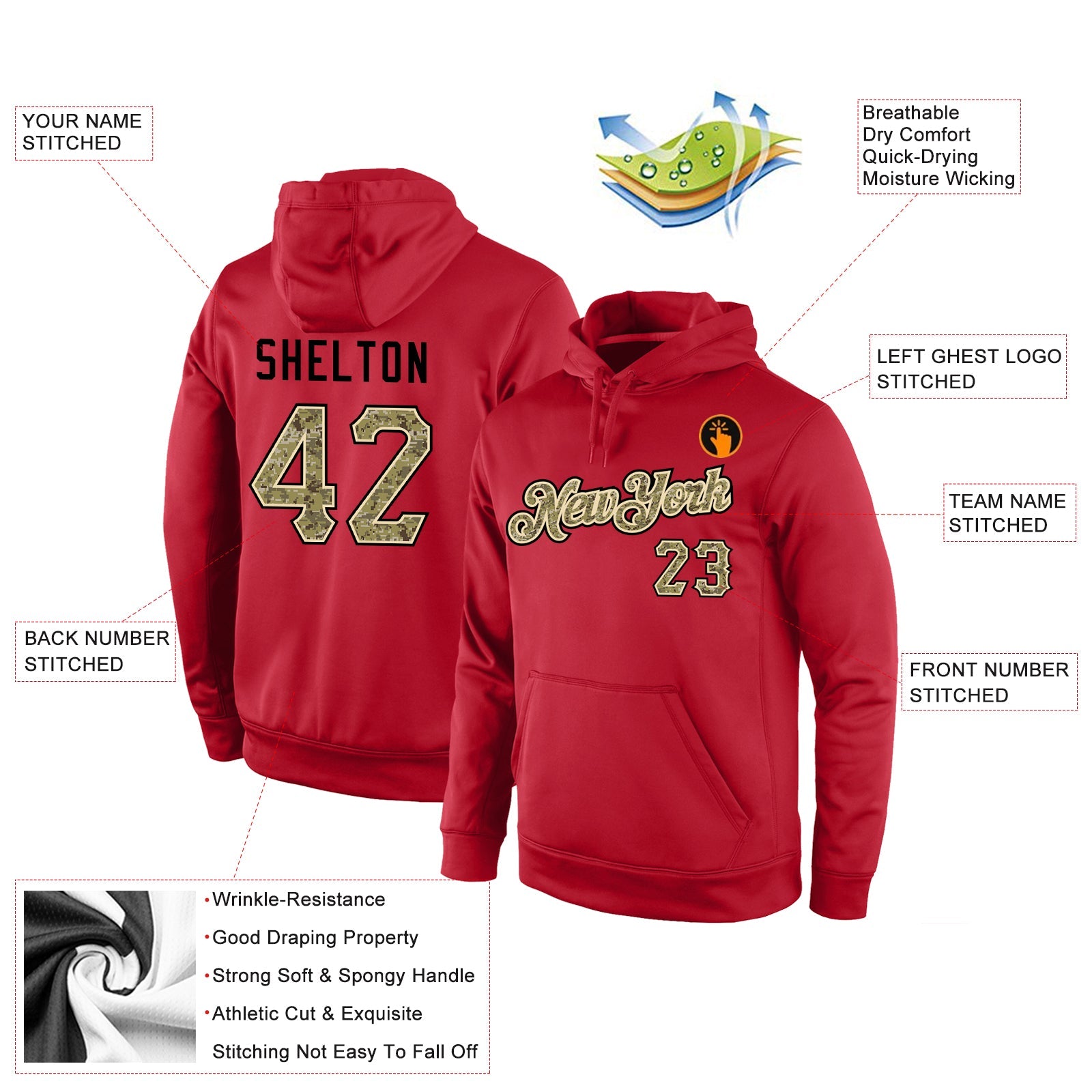 Custom Stitched Red Camo-Cream Sports Pullover Sweatshirt Hoodie view 4