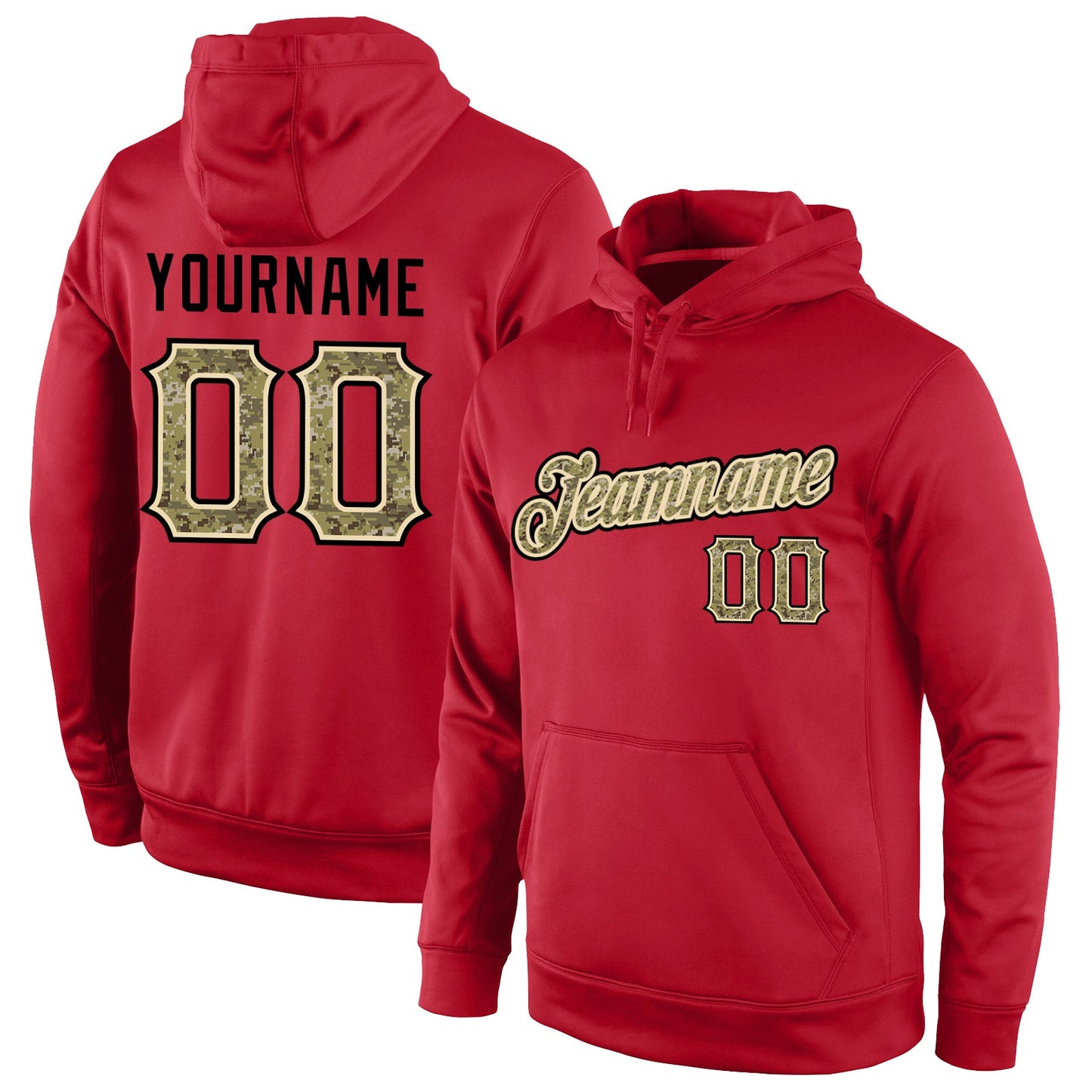 Custom Stitched Red Camo-Cream Sports Pullover Sweatshirt Hoodie - Main View