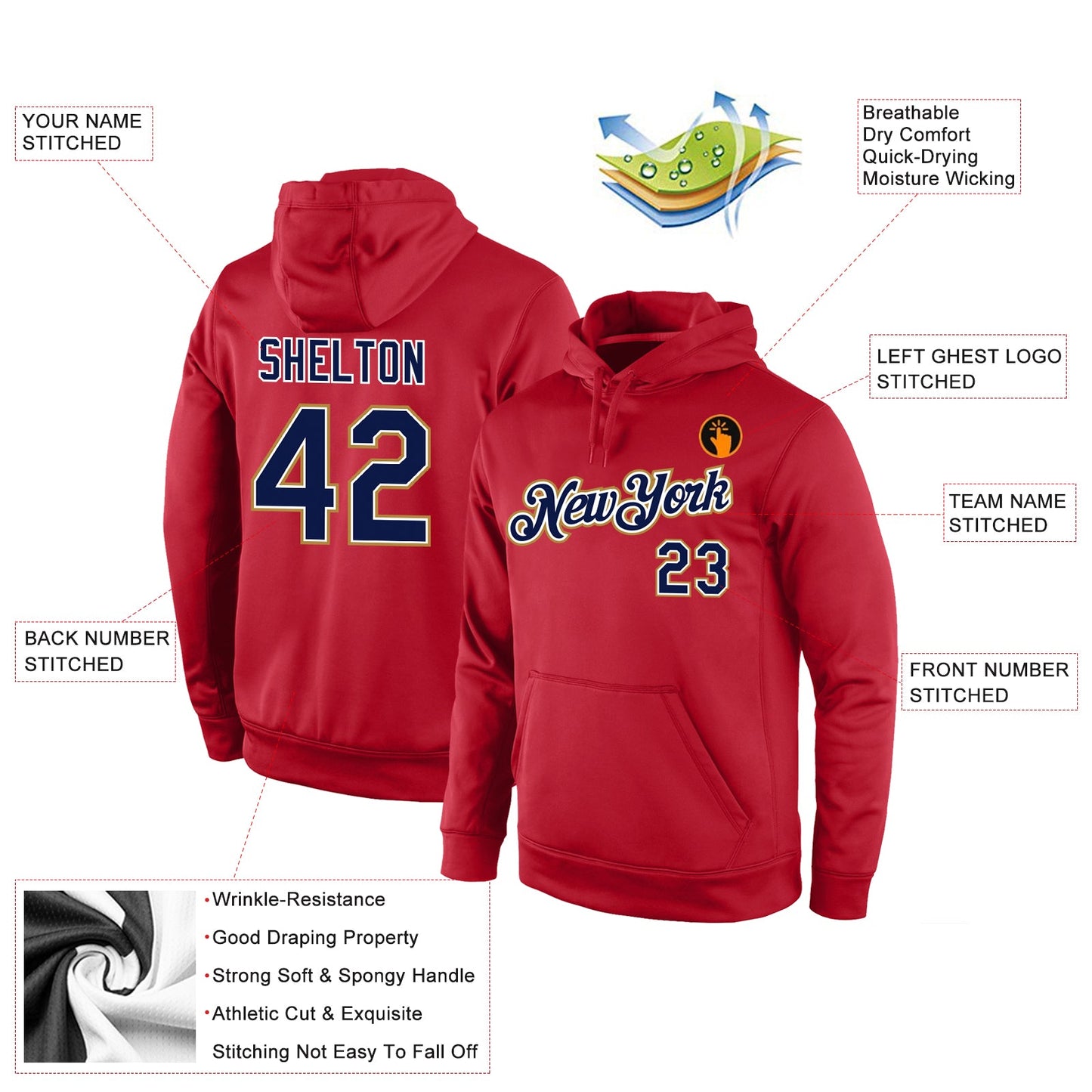 Custom Stitched Red Navy-Old Gold Sports Pullover Sweatshirt Hoodie view 4