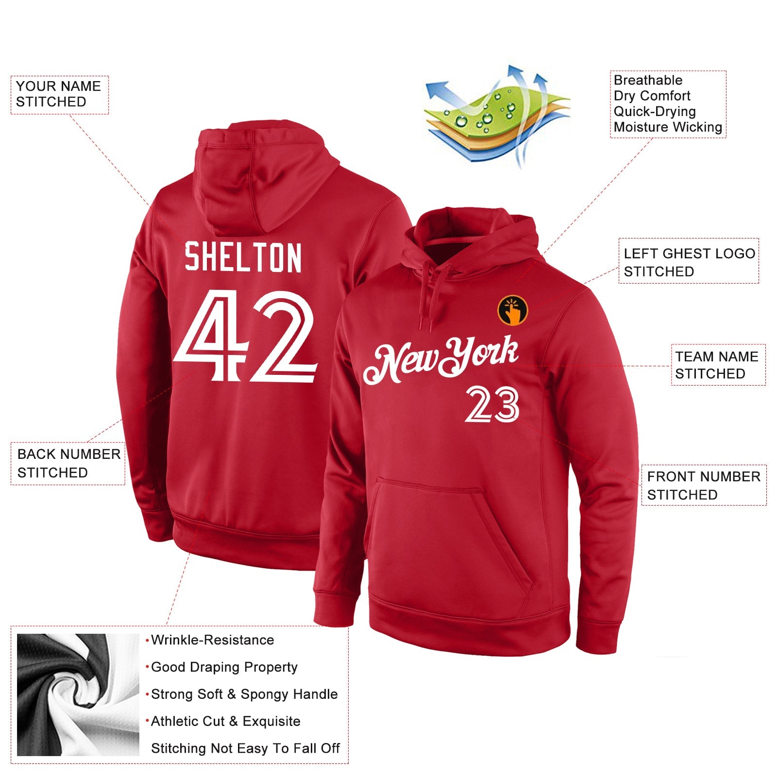 Custom Stitched Red White Sports Pullover Sweatshirt Hoodie view 4