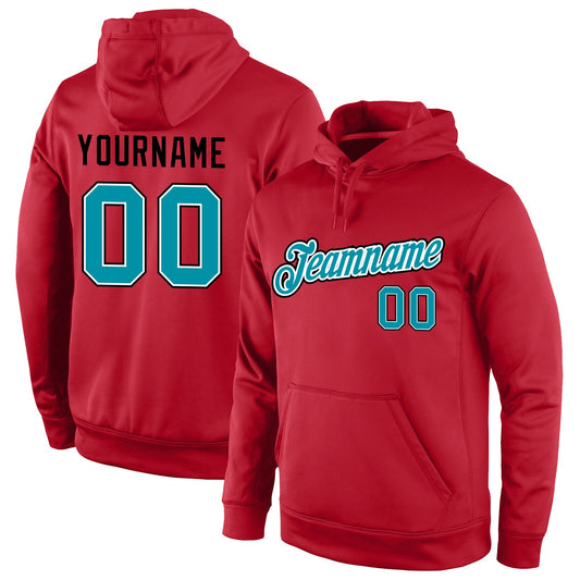 Custom Stitched Red Teal-Black Sports Pullover Sweatshirt Hoodie - Main View