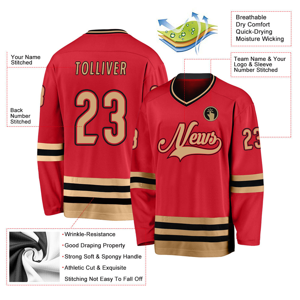 Custom Red Old Gold-Black Hockey Jersey view 4