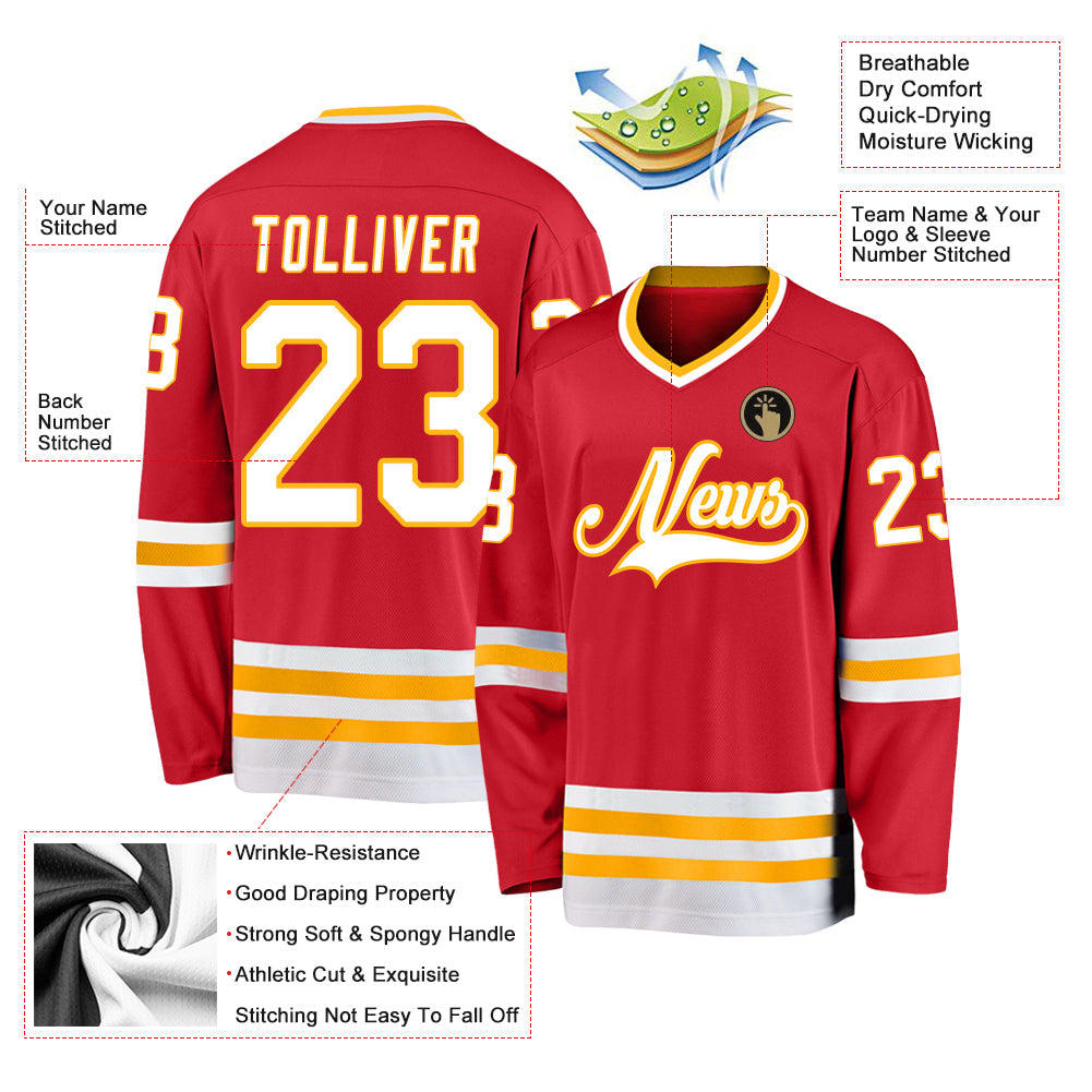 Custom Red White-Gold Hockey Jersey view 4