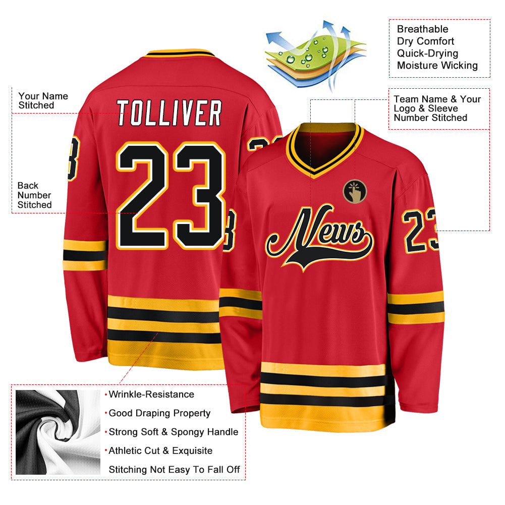 Custom Red Black-Gold Hockey Jersey view 4