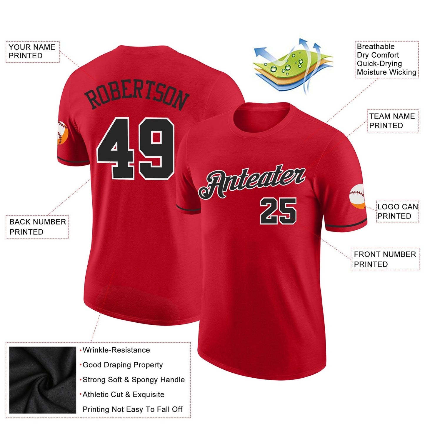 Custom Red Black-White Performance T-Shirt view 2