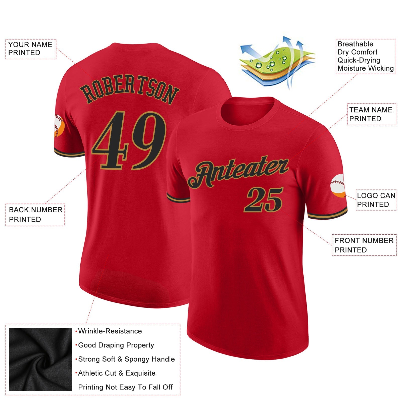 Custom Red Black-Old Gold Performance T-Shirt view 2