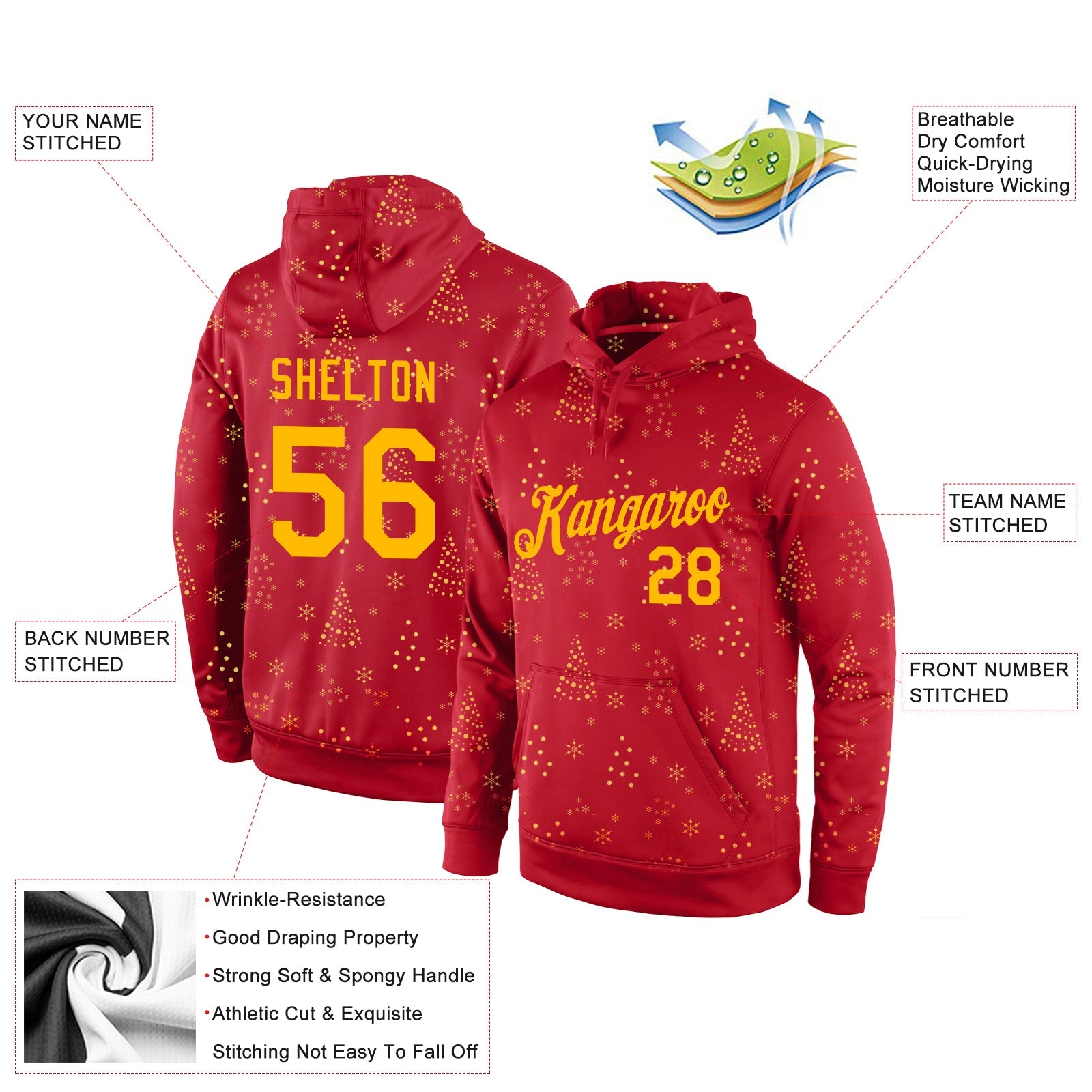 Custom Stitched Red Gold Christmas 3D Sports Pullover Sweatshirt Hoodie view 4