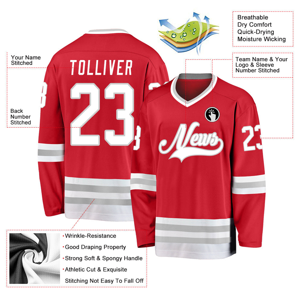 Custom Red White-Gray Hockey Jersey view 2