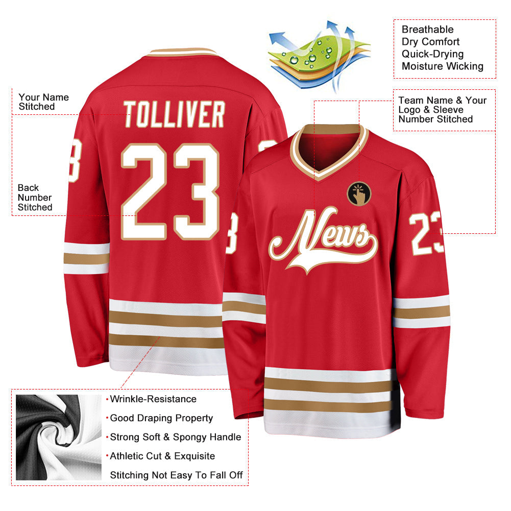 Custom Red White-Old Gold Hockey Jersey view 2