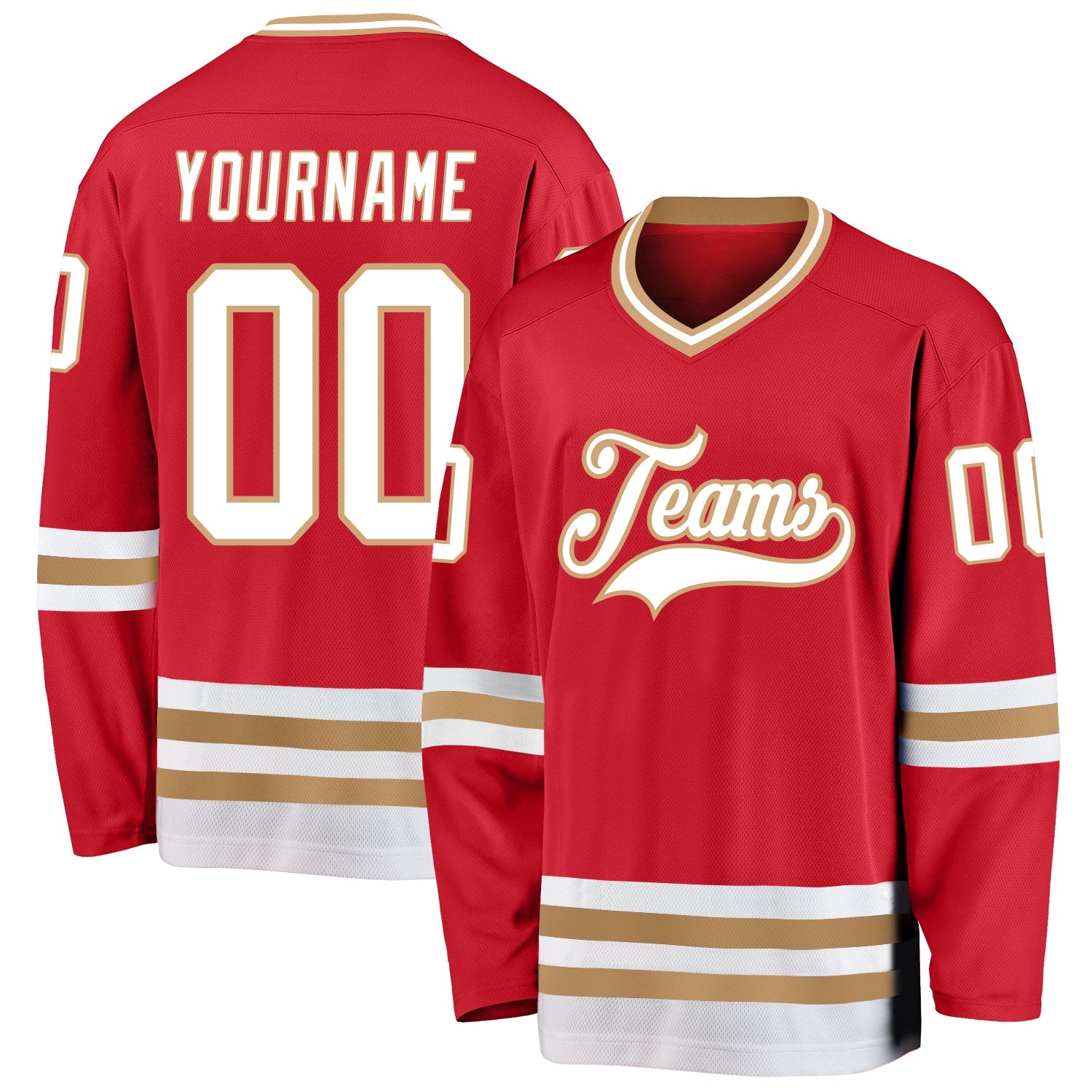 Custom Red White-Old Gold Hockey Jersey - Main View