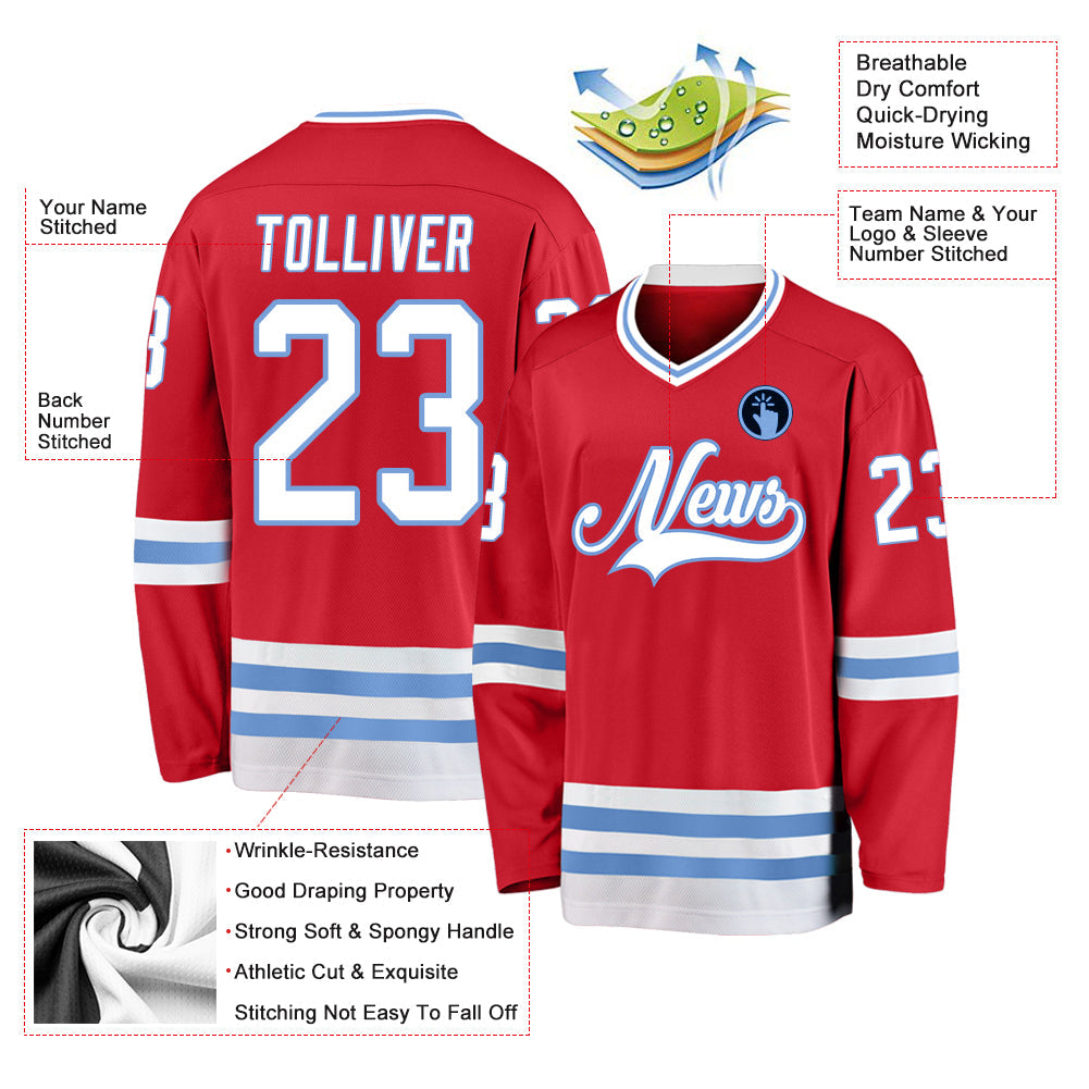 Custom Red White-Light Blue Hockey Jersey view 2
