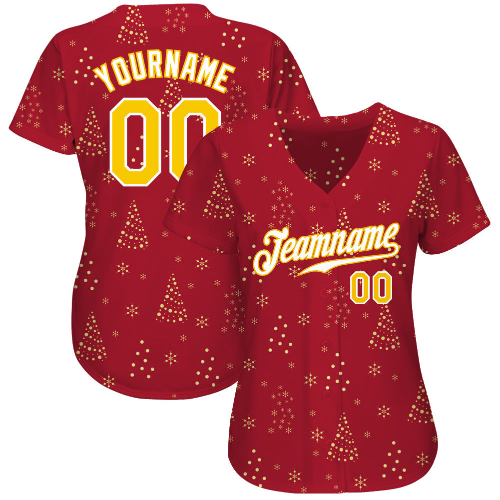 Custom Red Gold-White Christmas 3D Authentic Baseball Jersey view 2