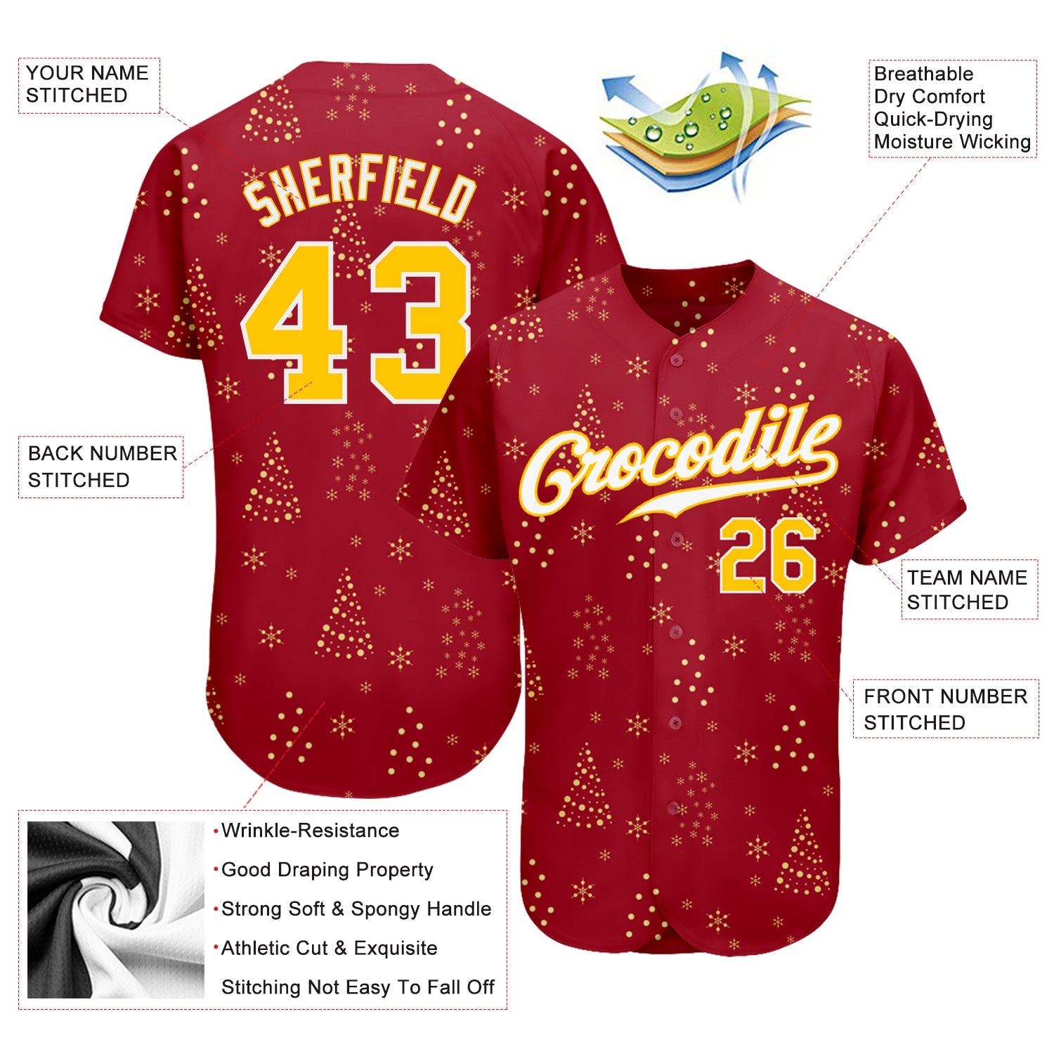 Custom Red Gold-White Christmas 3D Authentic Baseball Jersey view 3