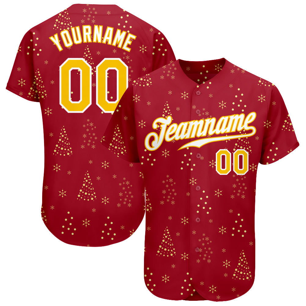 Custom Red Gold-White Christmas 3D Authentic Baseball Jersey - Main View