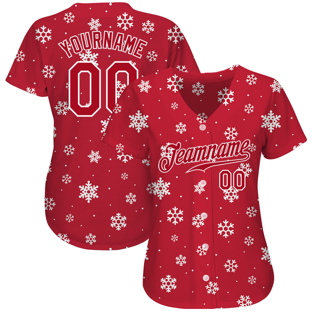 Custom Red Red-White Christmas 3D Authentic Baseball Jersey view 2