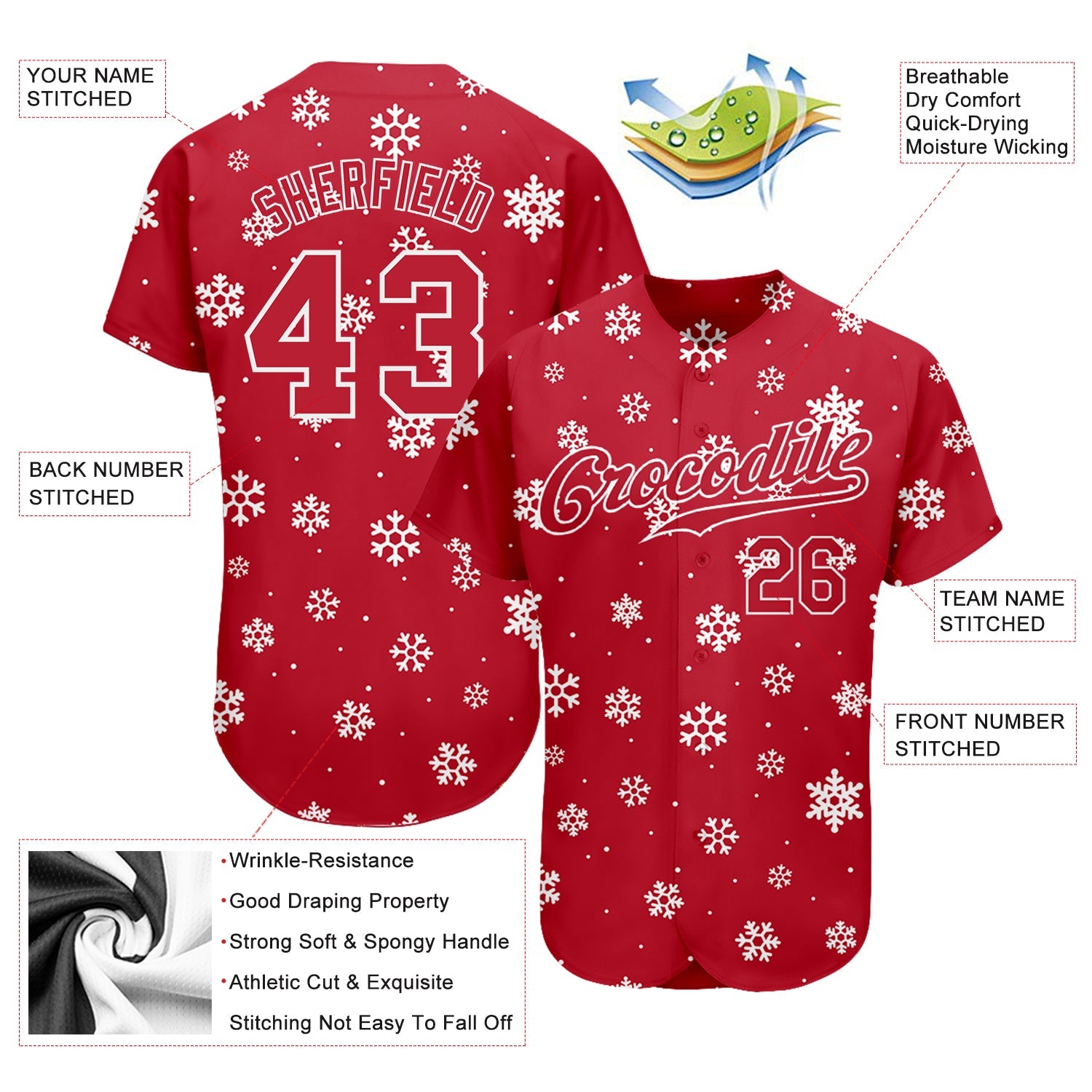 Custom Red Red-White Christmas 3D Authentic Baseball Jersey view 3