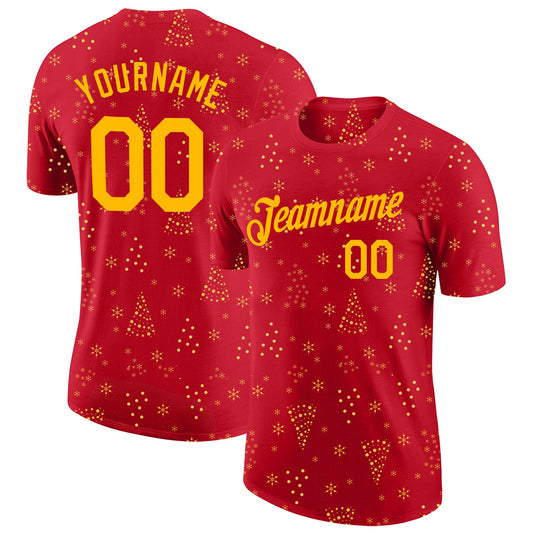 Custom Red Gold Christmas 3D Performance T-Shirt - Main View