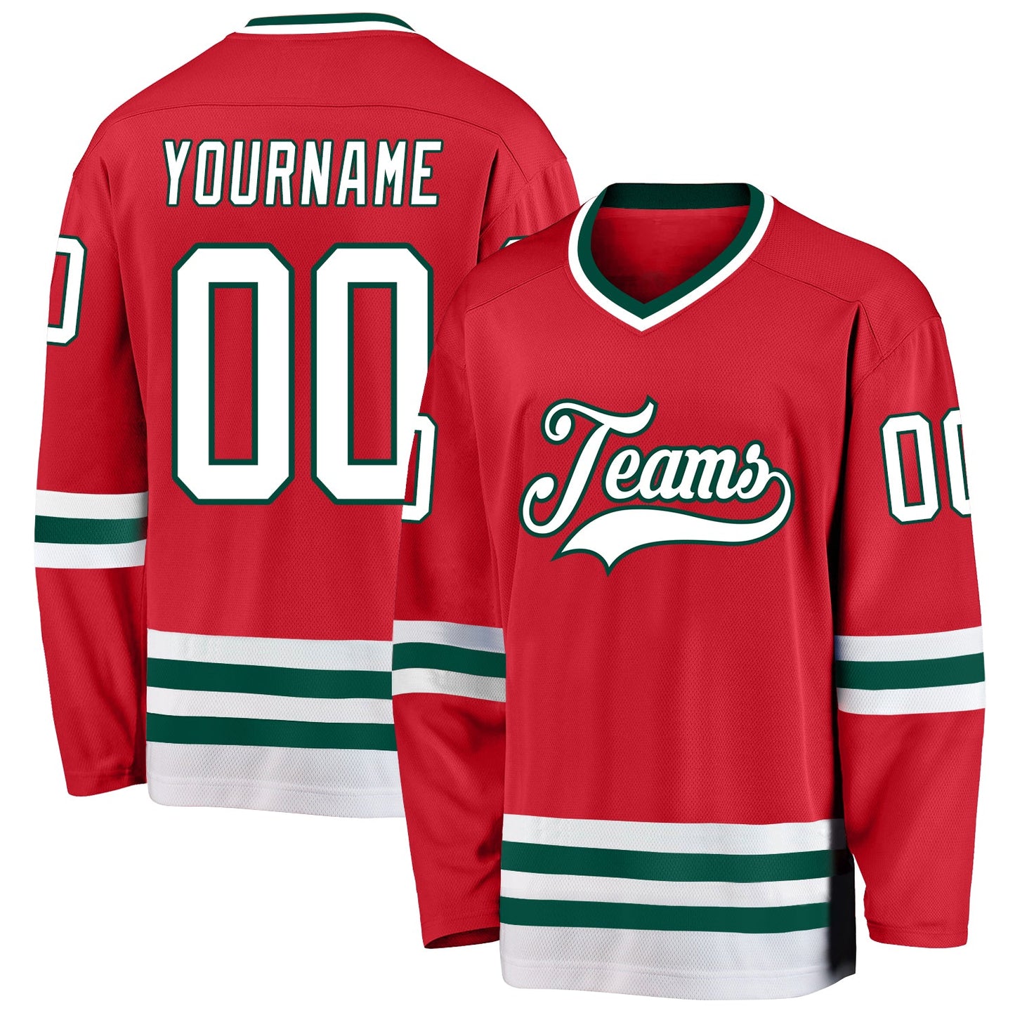 Custom Red White-Green Hockey Jersey - Main View