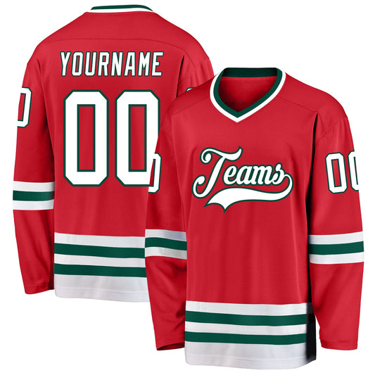 Custom Red White-Green Hockey Jersey - Main View