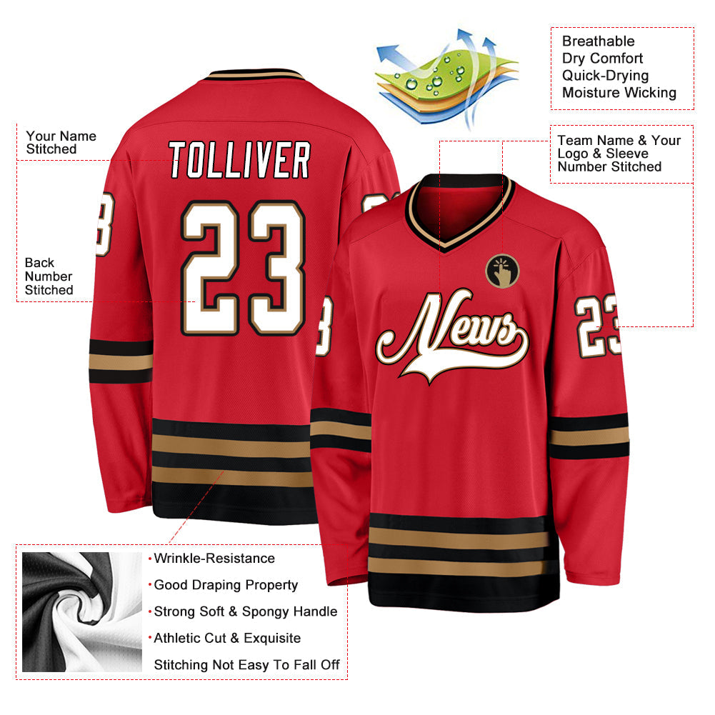 Custom Red White-Old Gold Hockey Jersey view 2