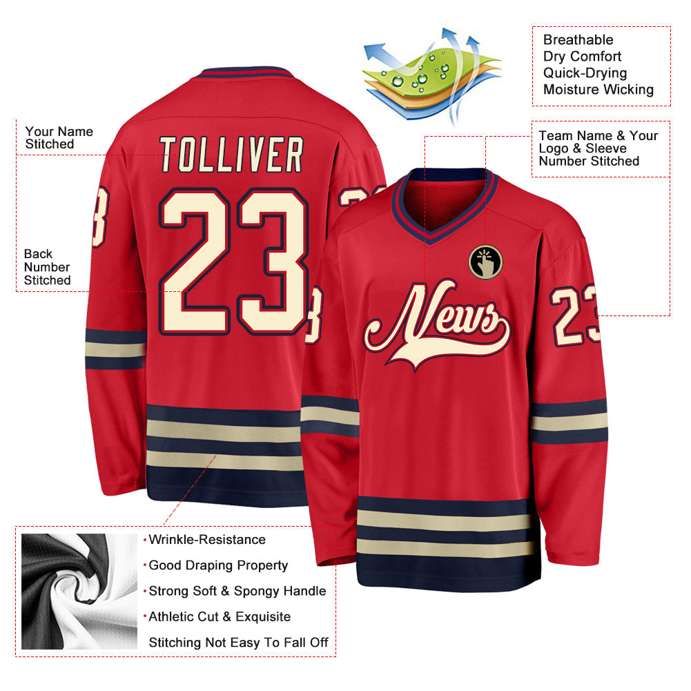 Custom Red Cream-Navy Hockey Jersey view 2