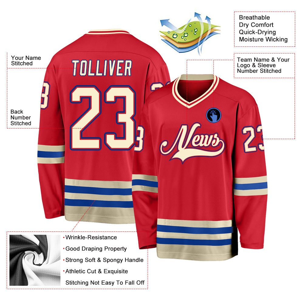 Custom Red Cream-Royal Hockey Jersey view 2