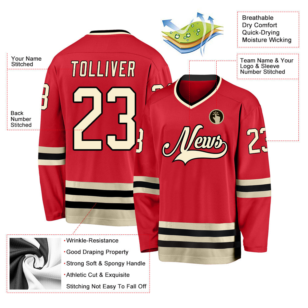 Custom Red Cream-Black Hockey Jersey view 2