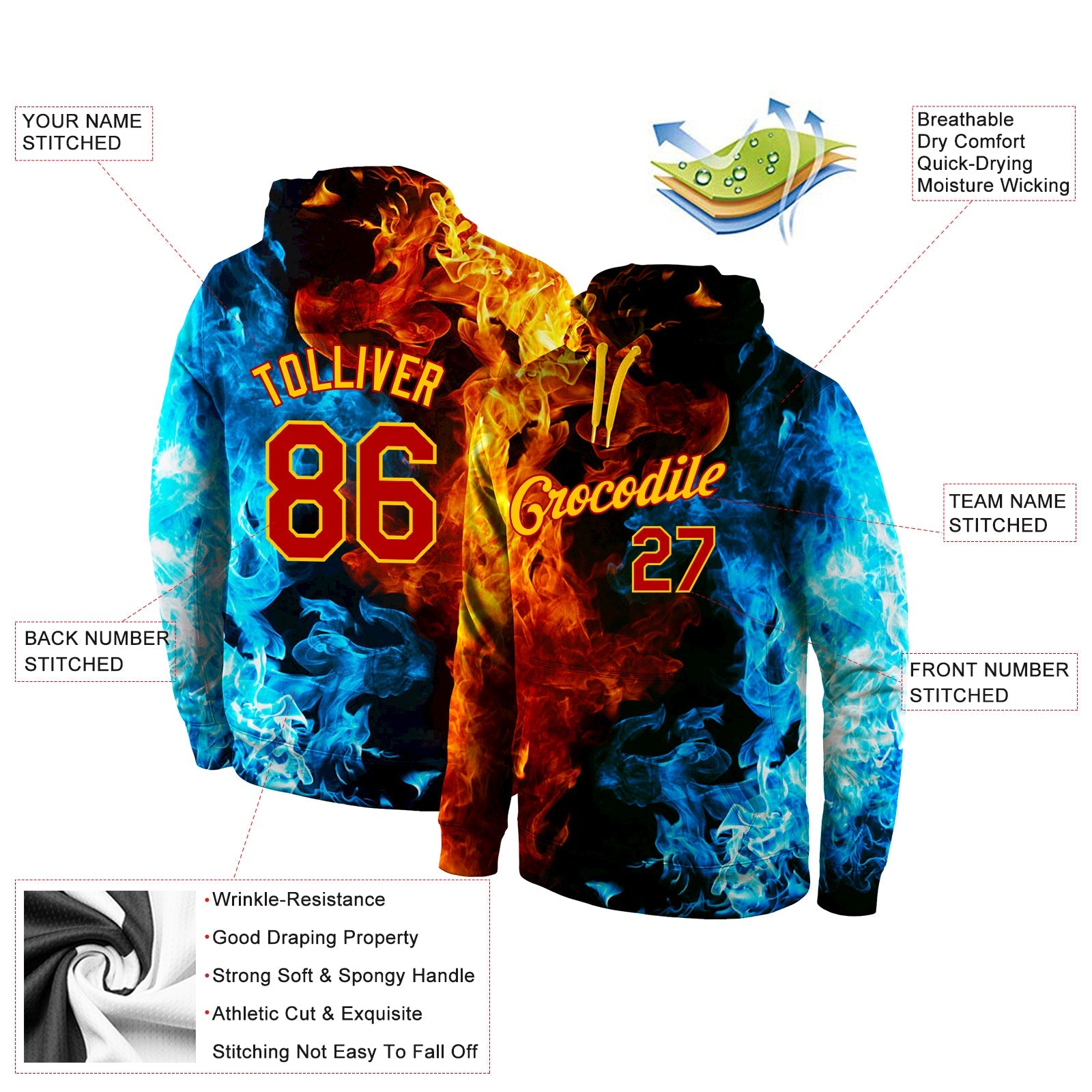 Custom Stitched Red Red-Gold 3D Pattern Design Flame Sports Pullover Sweatshirt Hoodie view 2