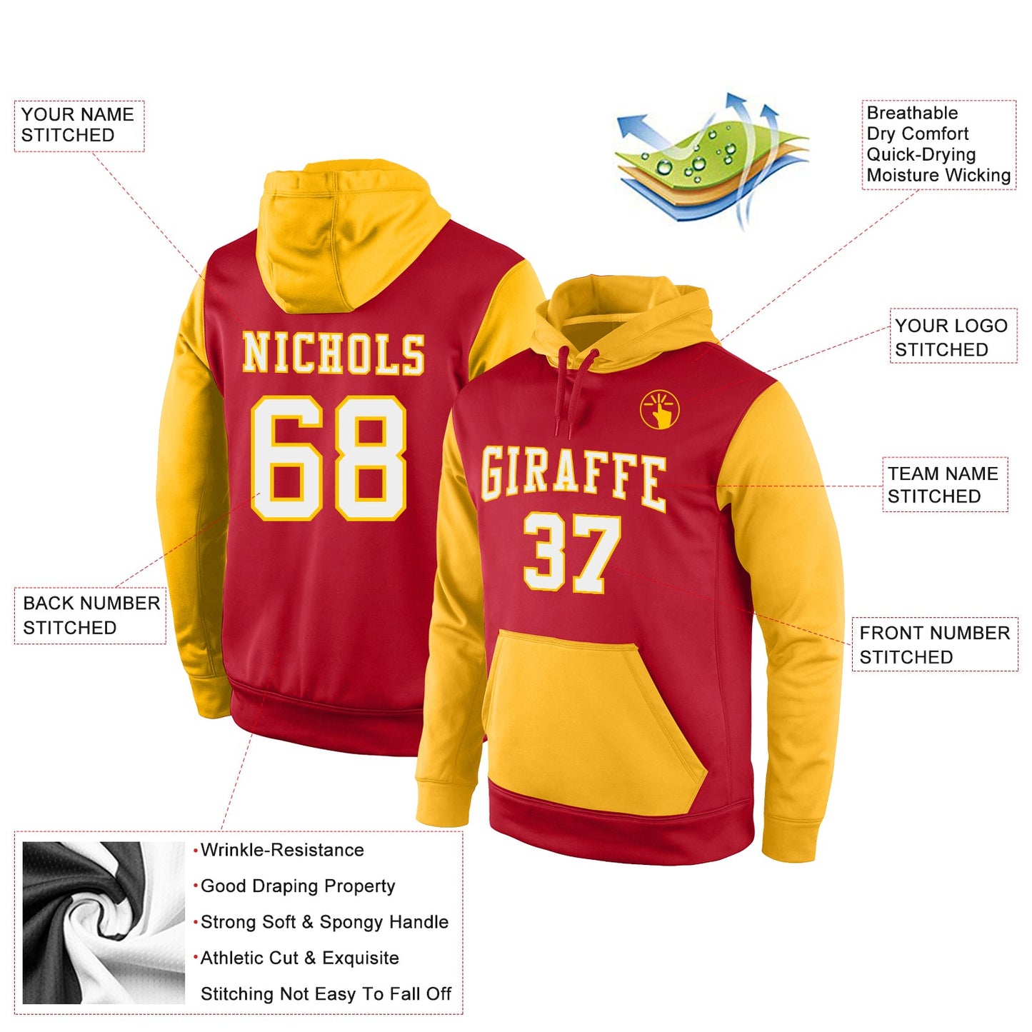 Custom Stitched Red White-Gold Sports Pullover Sweatshirt Hoodie view 2