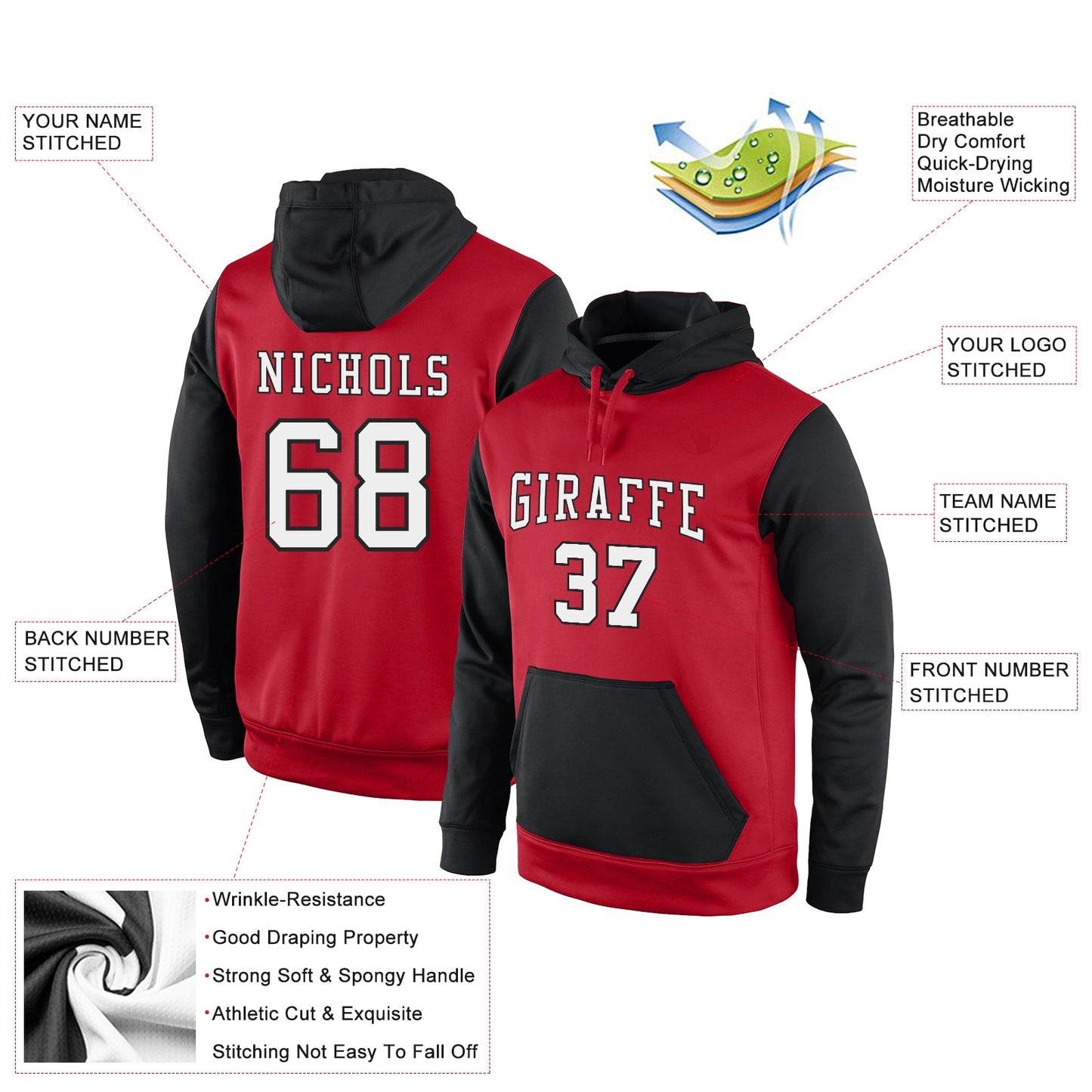 Custom Stitched Red White-Black Sports Pullover Sweatshirt Hoodie view 2