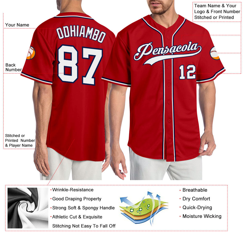 Custom Red White-Navy Authentic Baseball Jersey view 3