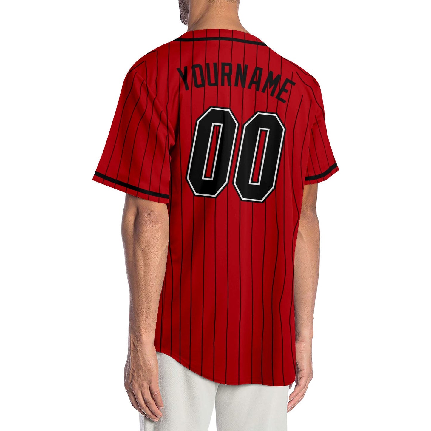 Custom Red Black Pinstripe Black-White Authentic Baseball Jersey view 2
