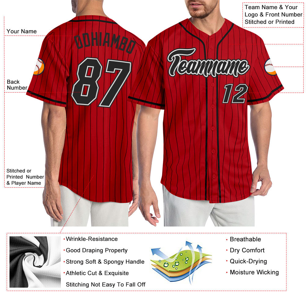 Custom Red Black Pinstripe Black-White Authentic Baseball Jersey view 3