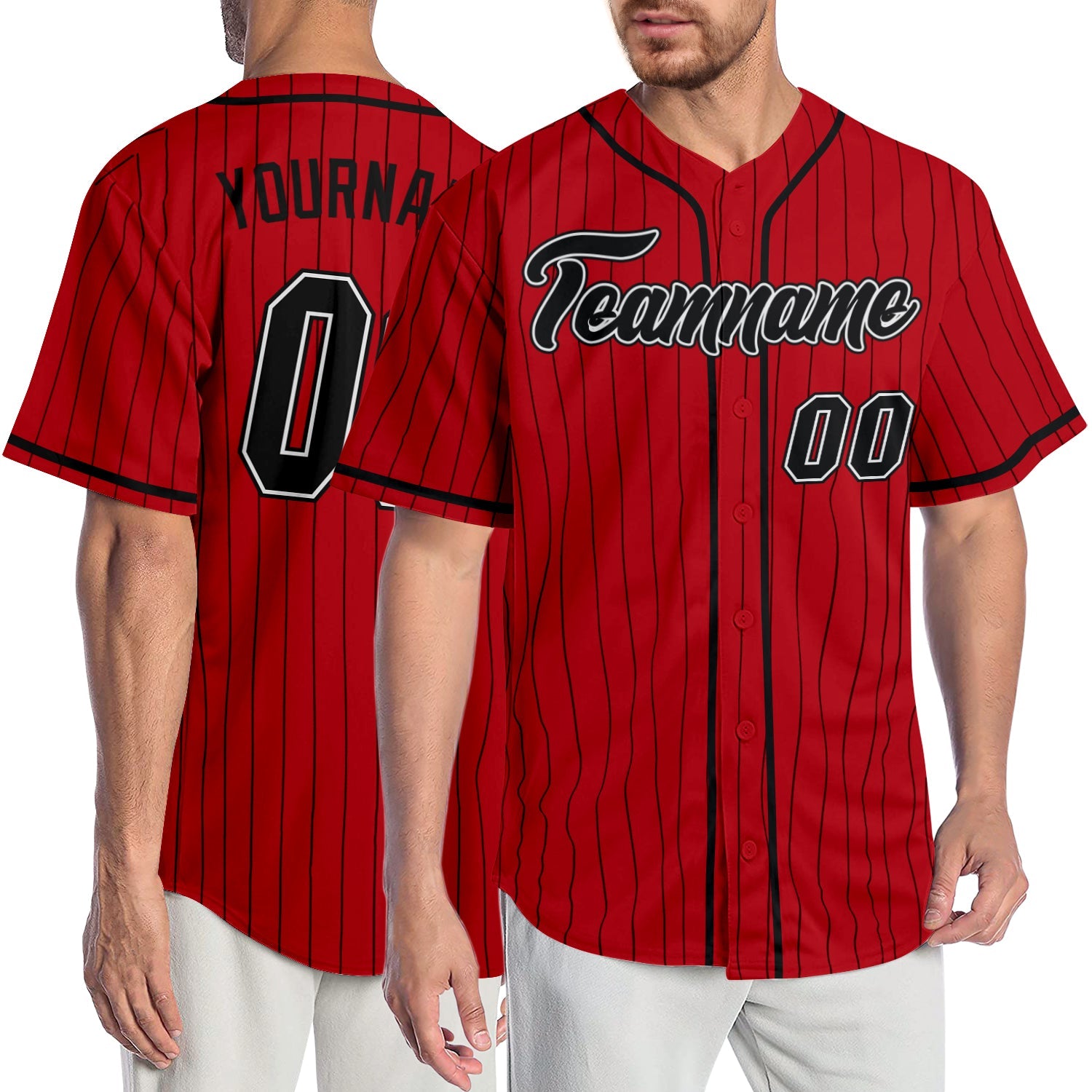 Custom Red Black Pinstripe Black-White Authentic Baseball Jersey - Main View