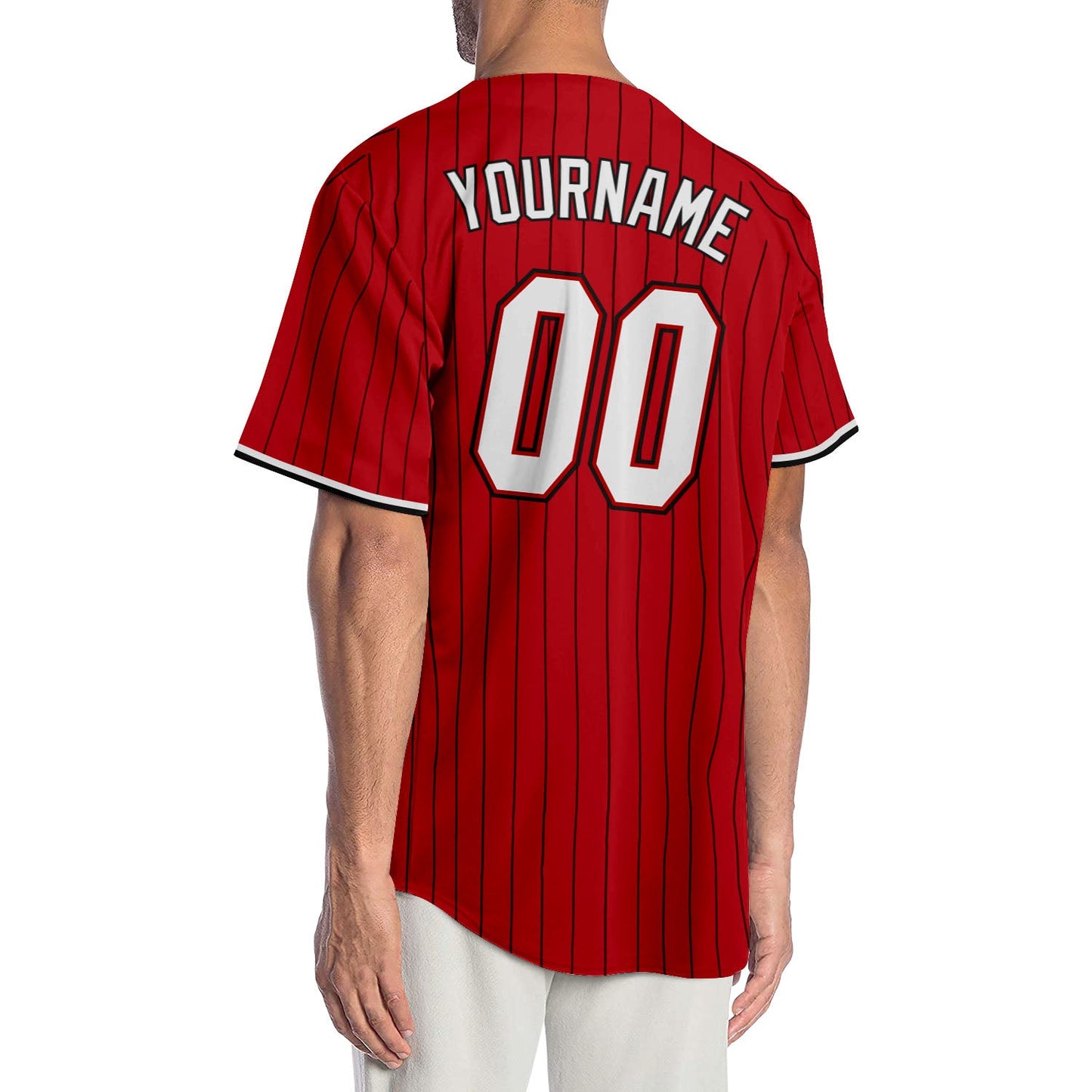 Custom Red Black Pinstripe White-Black Authentic Baseball Jersey view 2