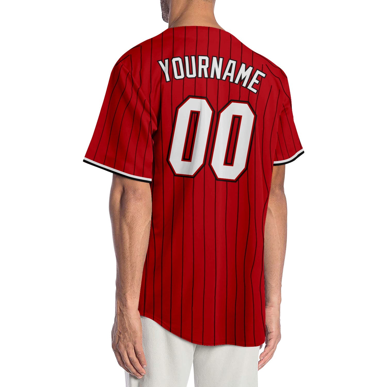 Custom Red Black Pinstripe White-Black Authentic Baseball Jersey view 2