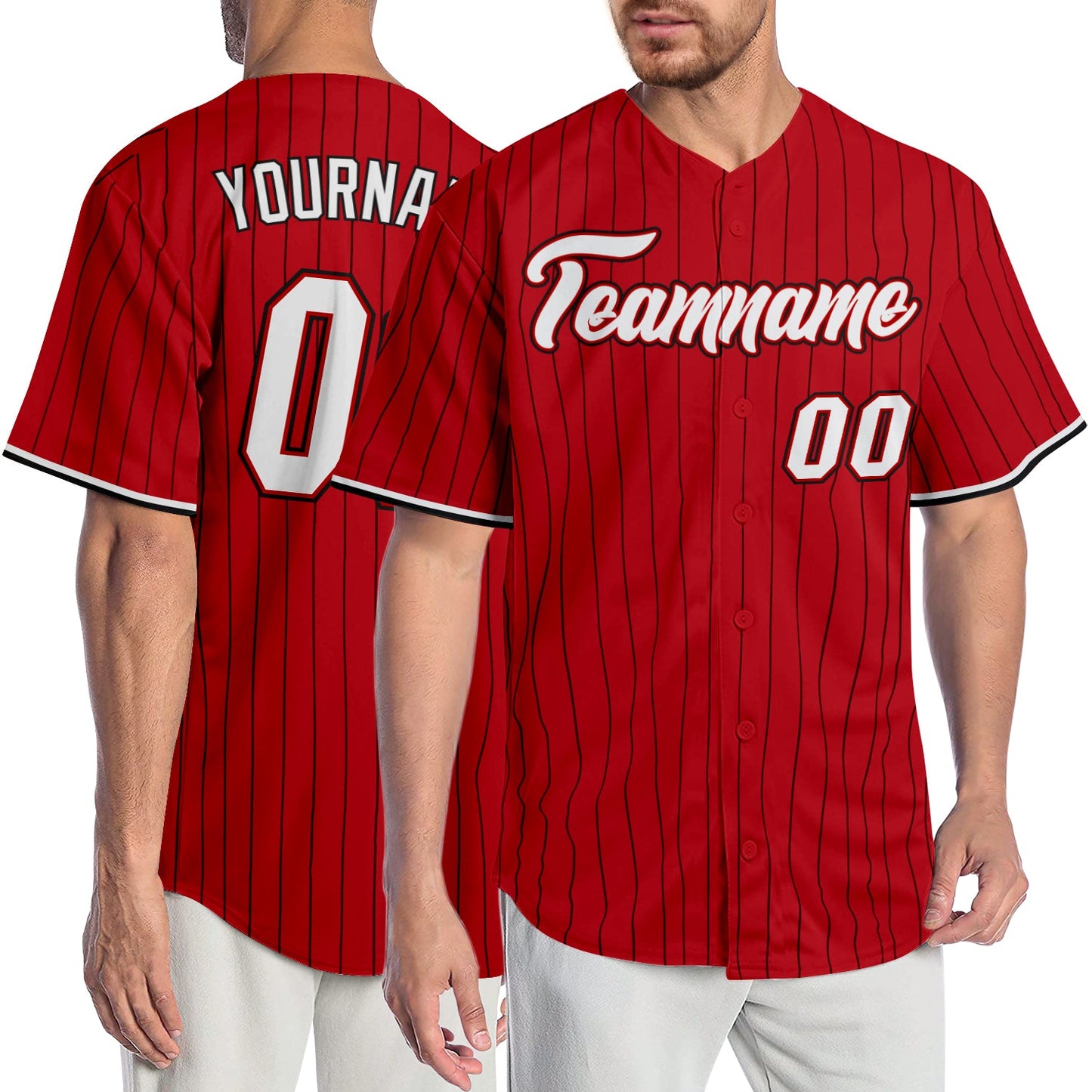 Custom Red Black Pinstripe White-Black Authentic Baseball Jersey - Main View