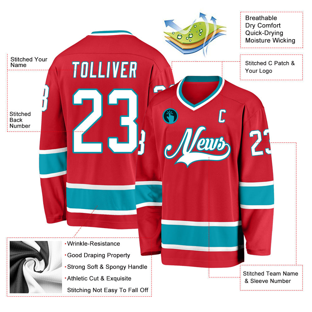 Custom Red White-Teal Hockey Jersey view 2