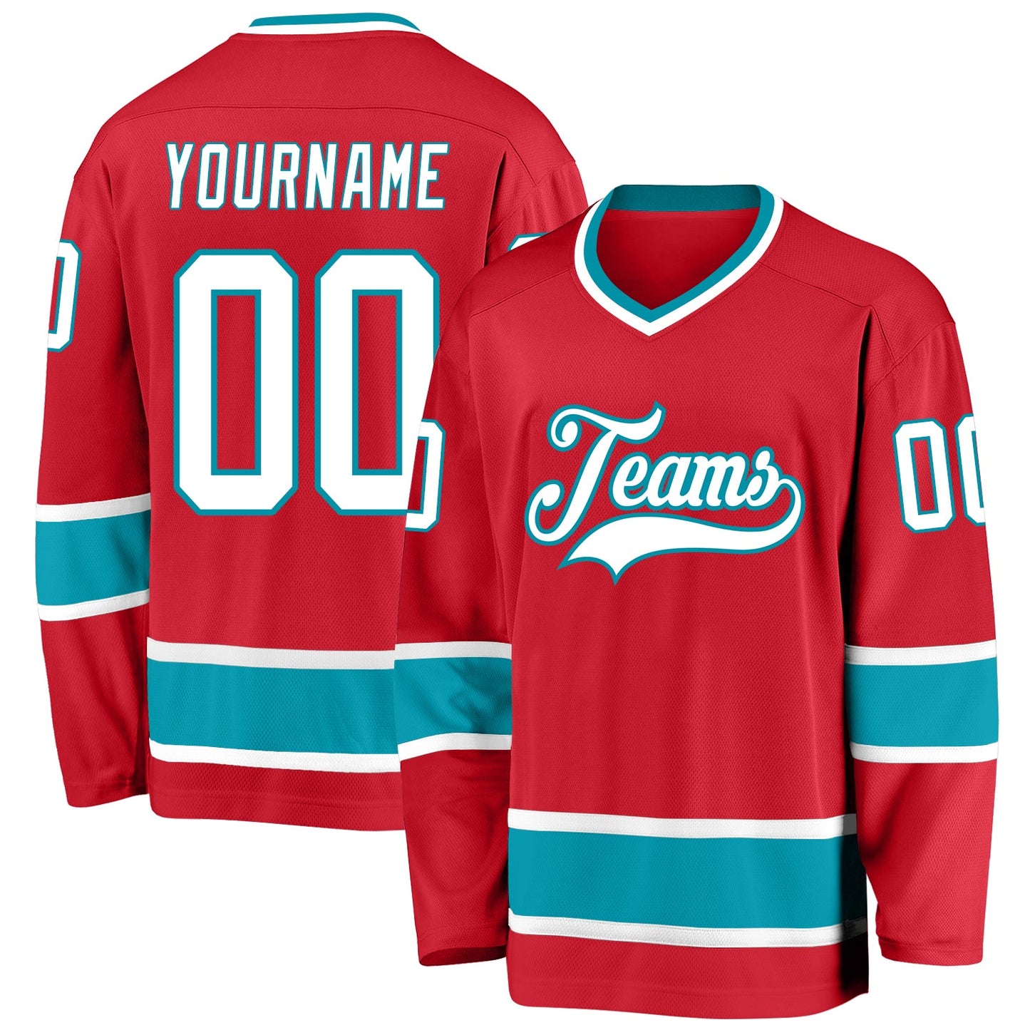 Custom Red White-Teal Hockey Jersey - Main View