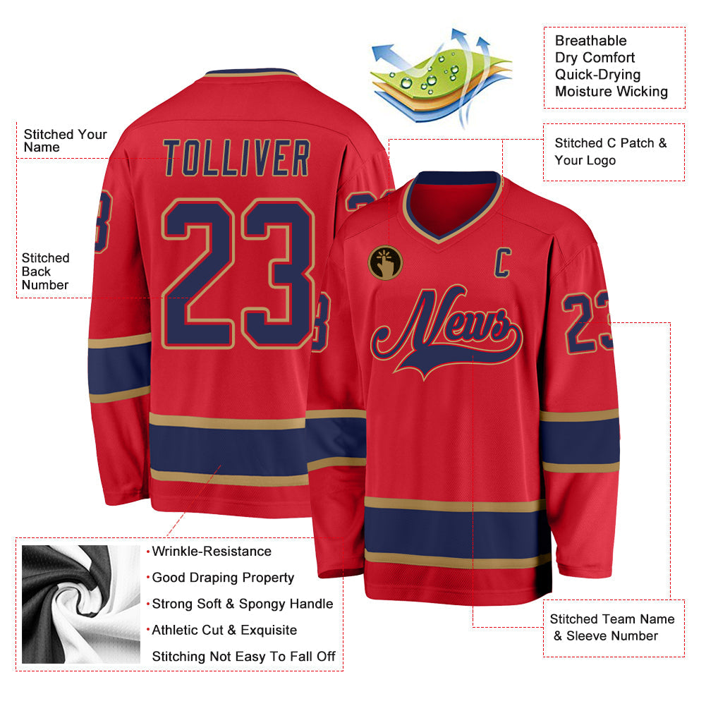 Custom Red Navy-Old Gold Hockey Jersey view 2