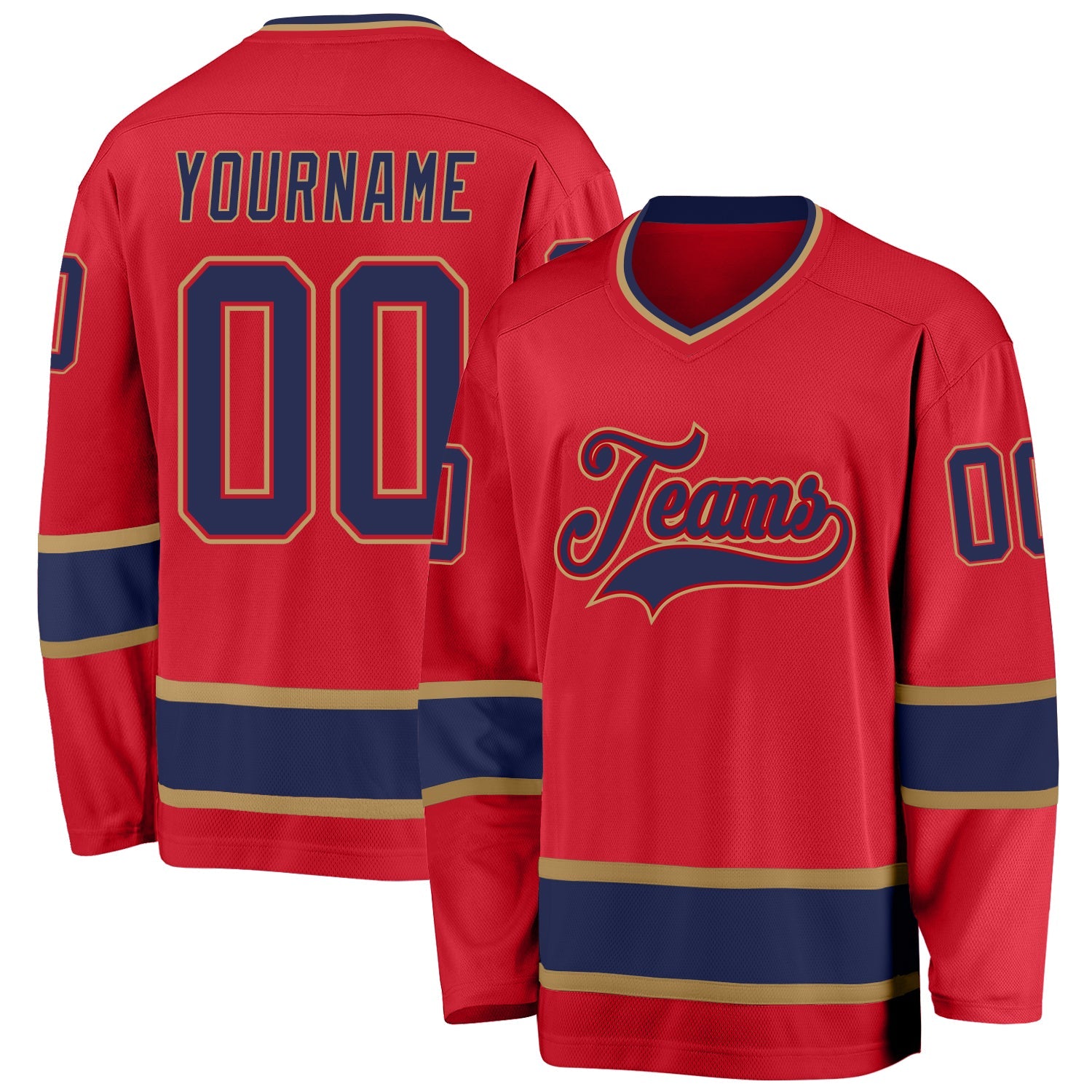 Custom Red Navy-Old Gold Hockey Jersey - Main View