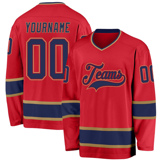 Custom Red Navy-Old Gold Hockey Jersey - Main View