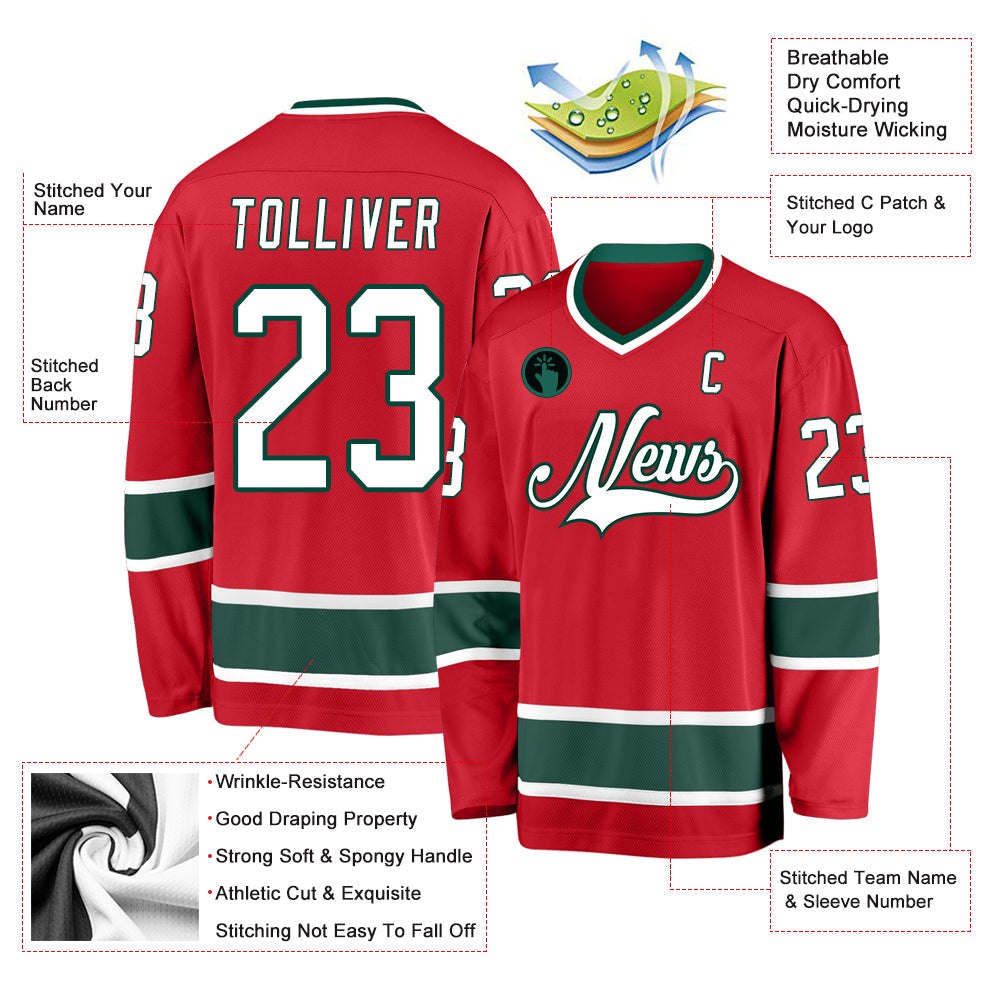 Custom Red White-Green Hockey Jersey view 2