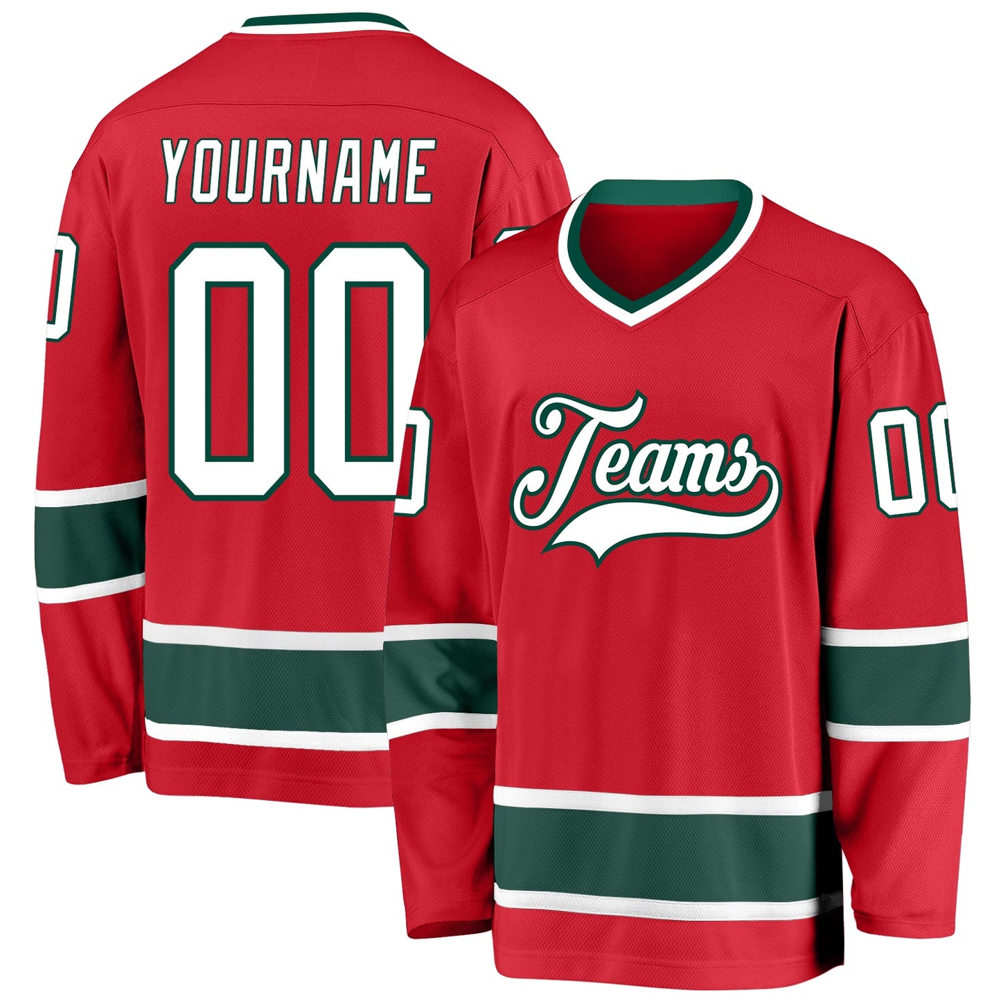Custom Red White-Green Hockey Jersey - Main View