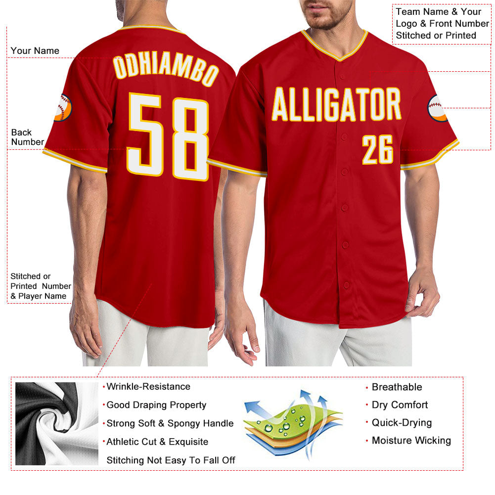 Custom Red White-Gold Authentic Baseball Jersey view 3