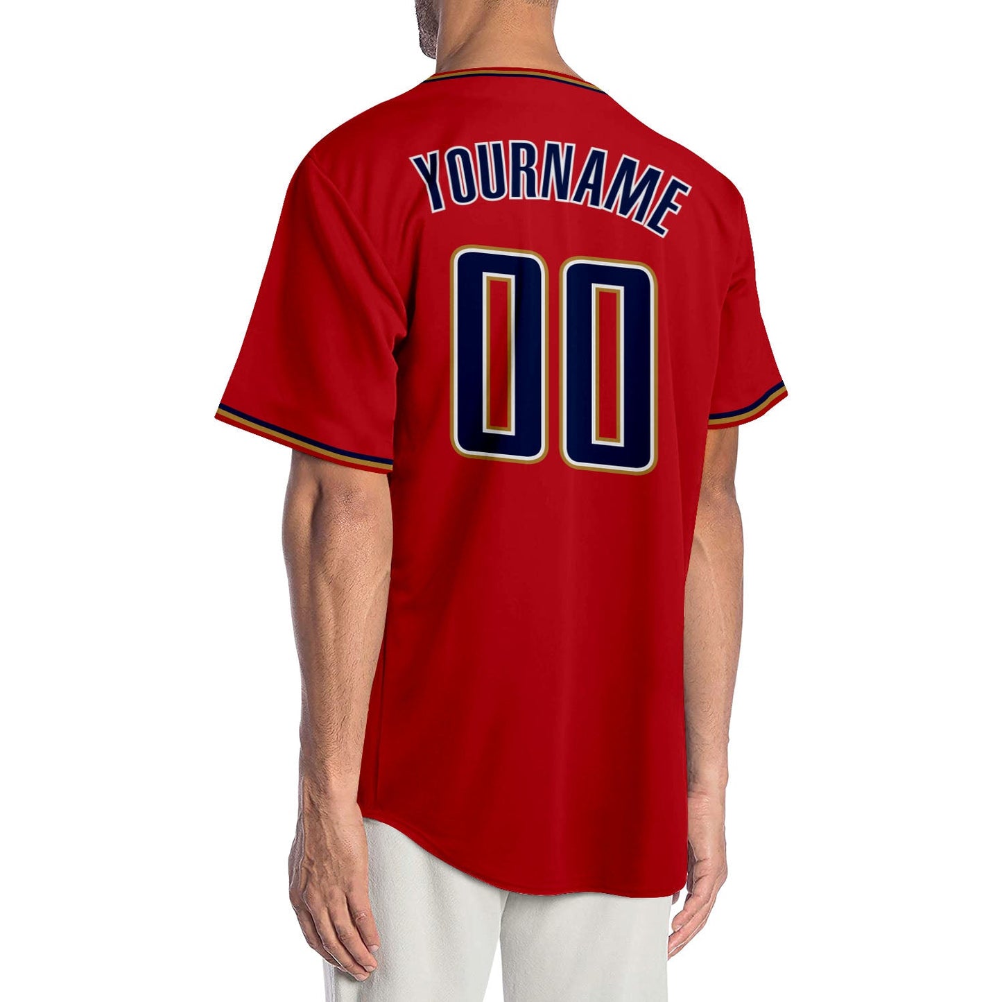 Custom Red Navy-Old Gold Authentic Baseball Jersey view 2