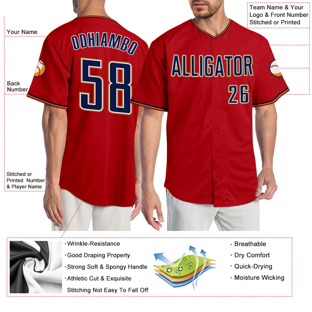 Custom Red Navy-Old Gold Authentic Baseball Jersey view 3