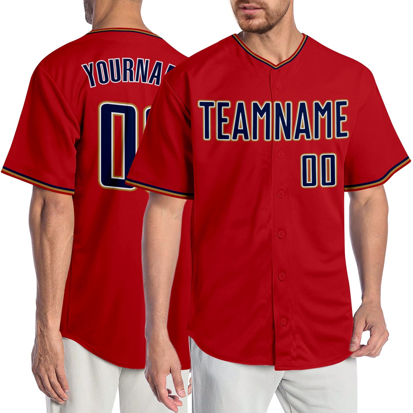Custom Red Navy-Old Gold Authentic Baseball Jersey - Main View