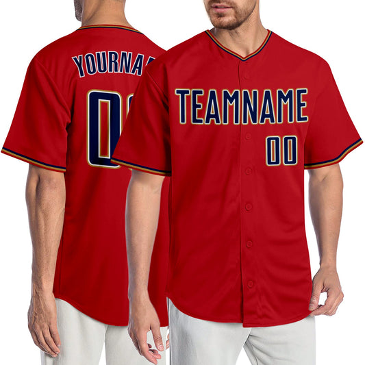 Custom Red Navy-Old Gold Authentic Baseball Jersey - Main View